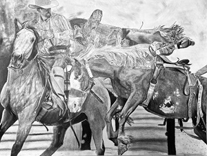 Black and white western art of a cowboy on a horse by a VC student